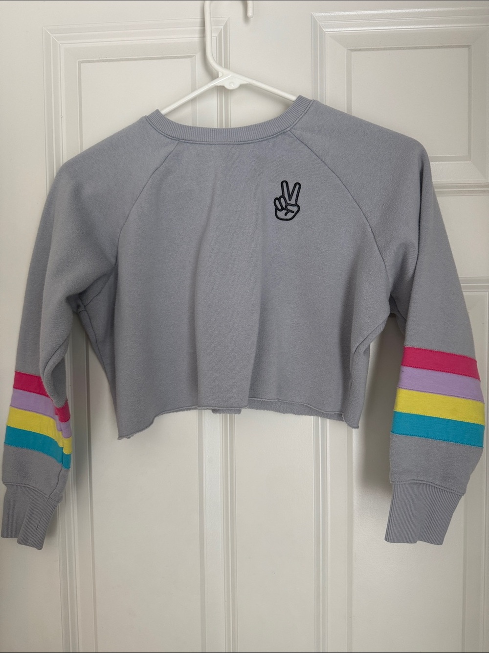 Sugar & Jade - Grey Cropped Sweatshirt with Rainbow Sleeve Stripes
